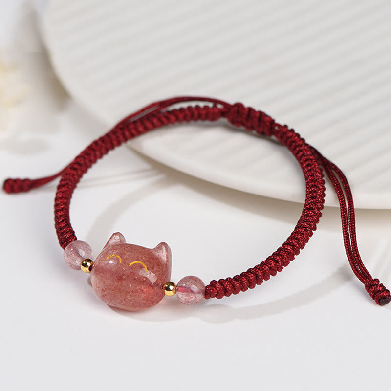 Karma Stone Handmade Natural Silver Sheen Obsidian Strawberry Quartz Cute Cat Protection Braided Bracelet