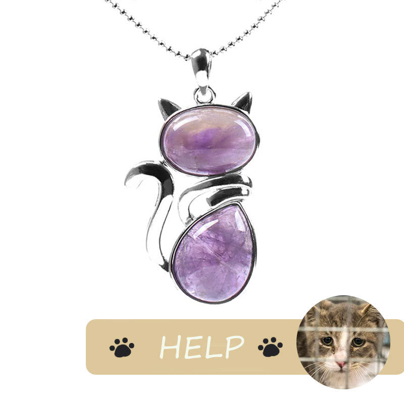Karma Stone "Save A Cat" Cute Cat Pattern Natural Crystal Protection Cat-Loving Pendant Necklace