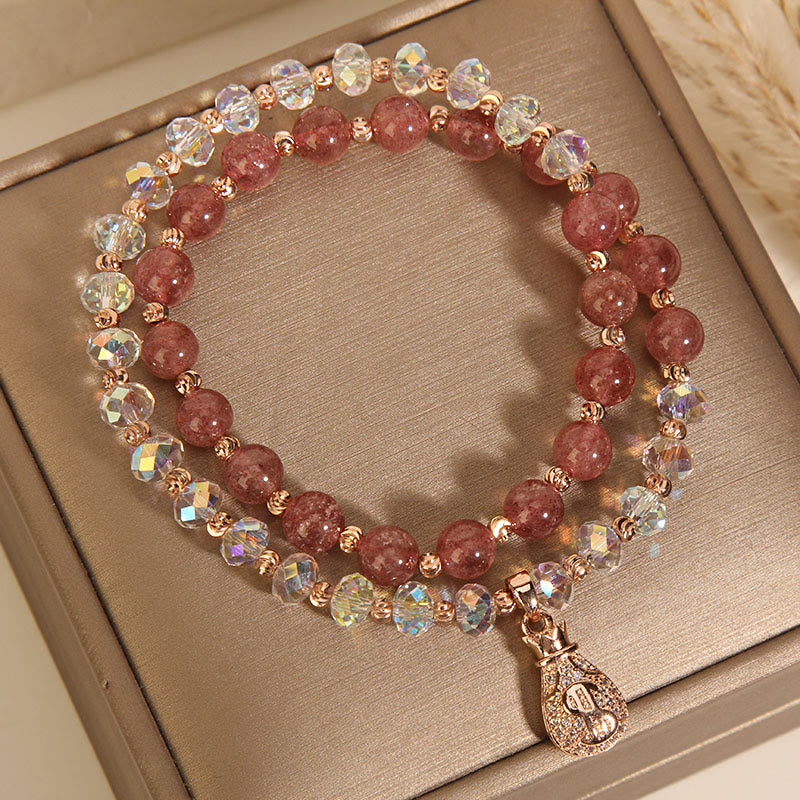 Karma Stone Strawberry Quartz White Crystal Money Bag Charm Positive Bracelet