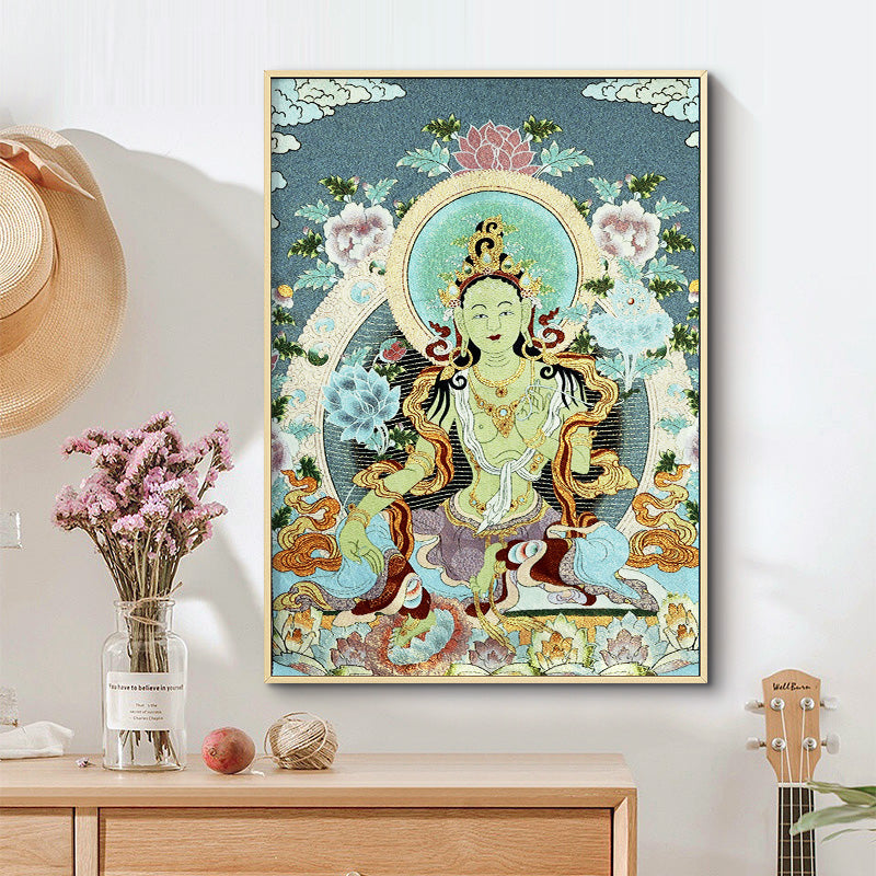 Karma Stone Tibetan Embroidery White Tara Thangka Tapestry Wall Hanging Wall Art Meditation for Home Decor