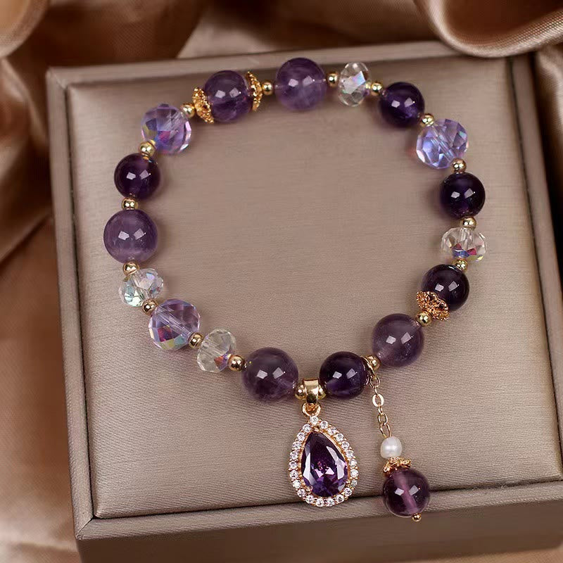 Karma Stone Natural Amethyst Zircon Love Heart Healing Soul Charm Bracelet