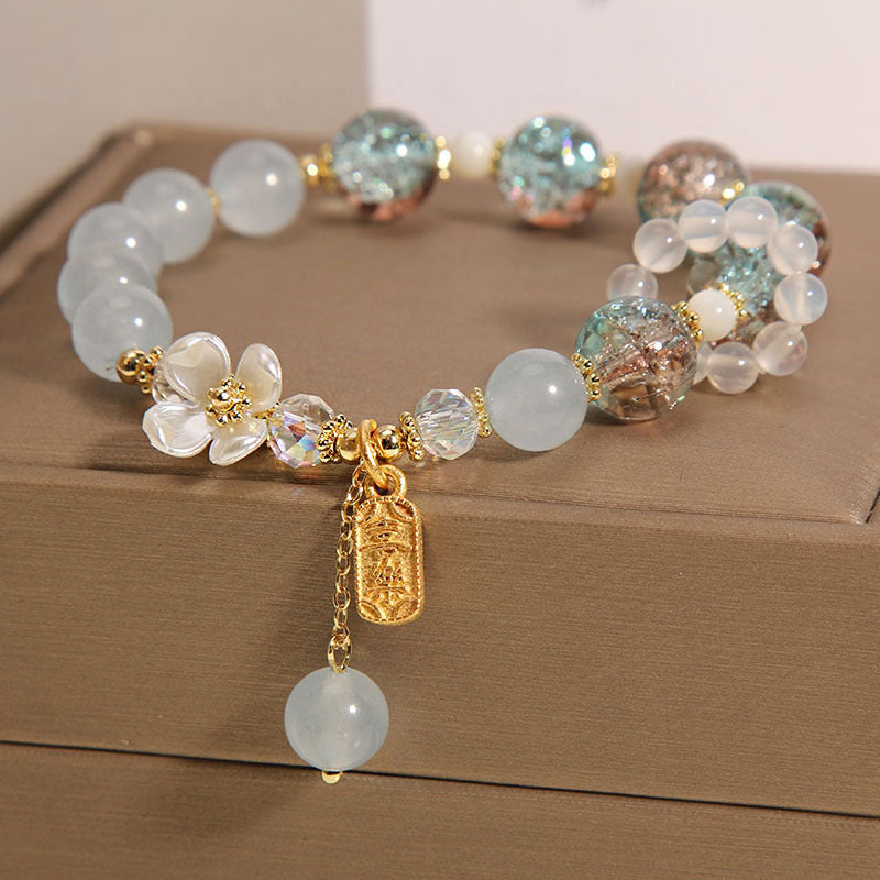 Karma Stone Natural Blue Crystal Amethyst Chalcedony Flower Healing Bracelet