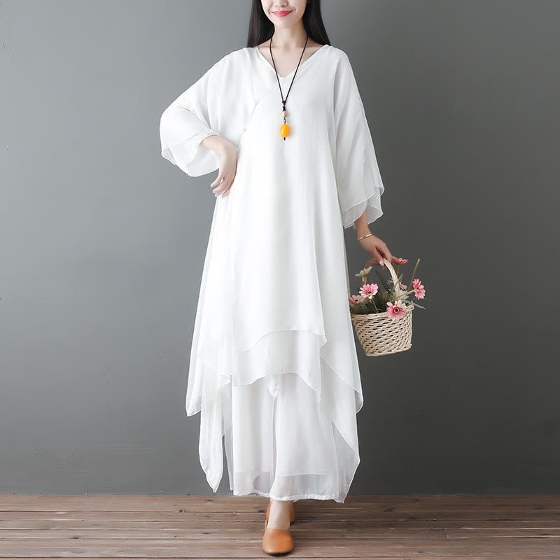 Karma Stone V-Neck Midi Tunic Dress Wide Leg Pants Meditation Zen Practice Dance Clothing