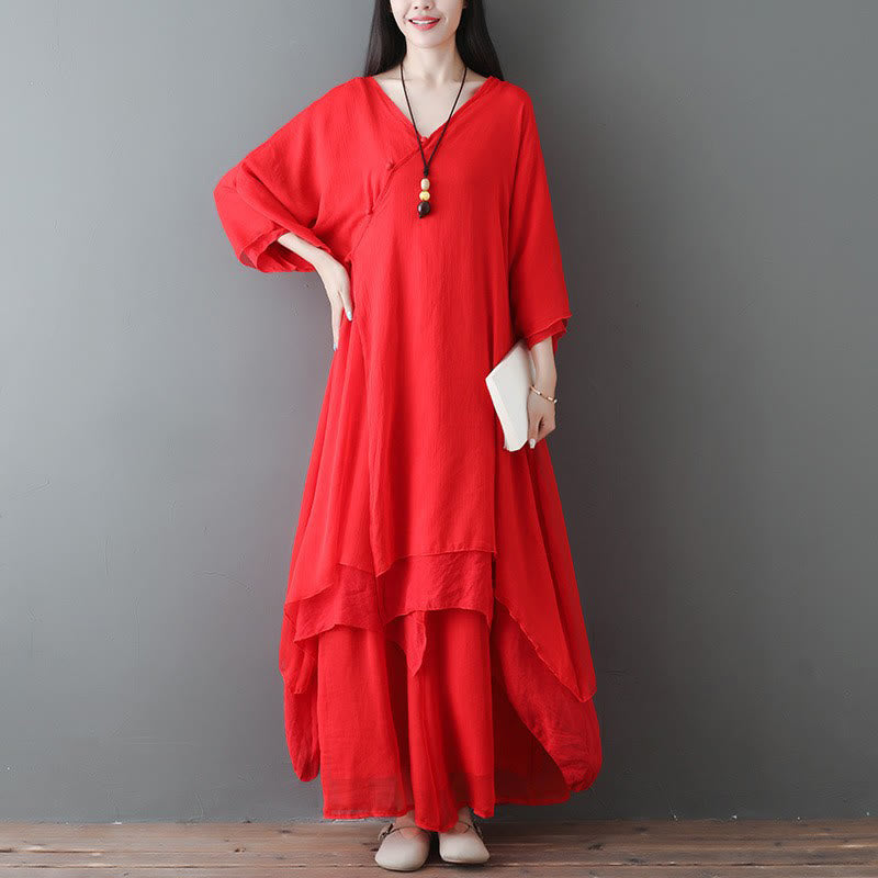 Karma Stone V-Neck Midi Tunic Dress Wide Leg Pants Meditation Zen Practice Dance Clothing