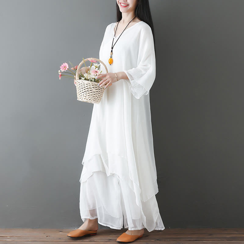 Karma Stone V-Neck Midi Tunic Dress Wide Leg Pants Meditation Zen Practice Dance Clothing
