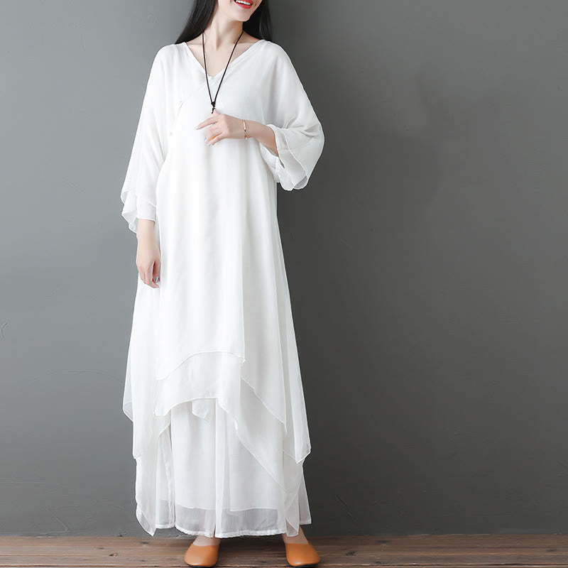 Karma Stone V-Neck Midi Tunic Dress Wide Leg Pants Meditation Zen Practice Dance Clothing