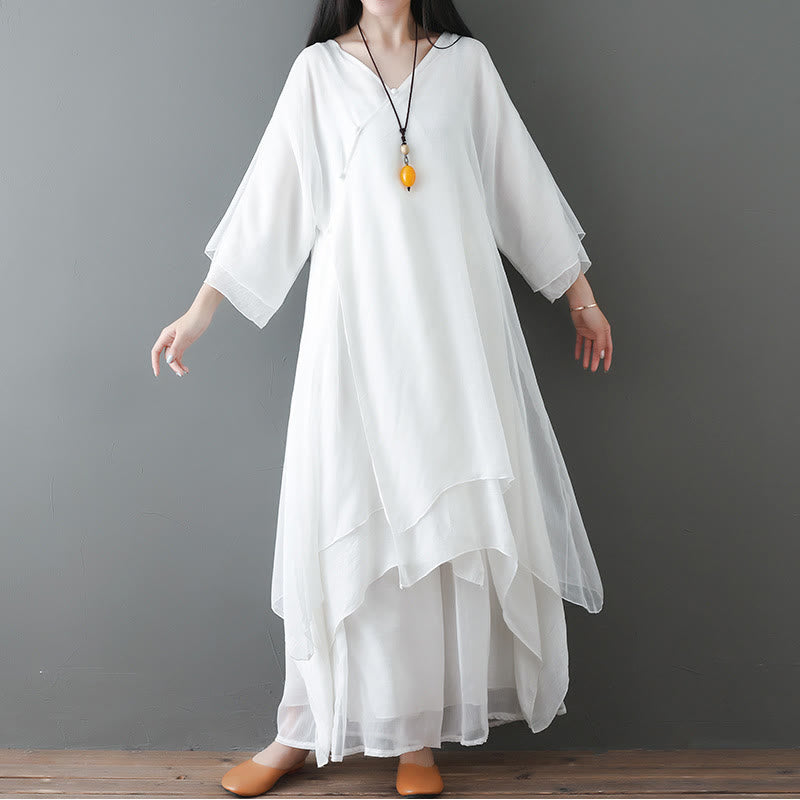 Karma Stone V-Neck Midi Tunic Dress Wide Leg Pants Meditation Zen Practice Dance Clothing