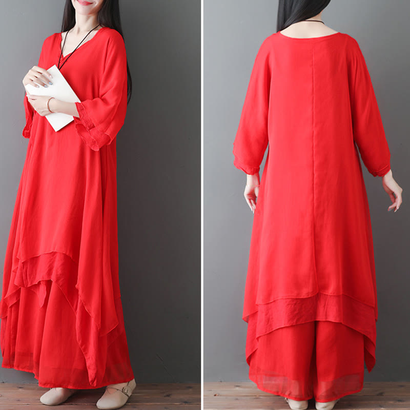 Karma Stone V-Neck Midi Tunic Dress Wide Leg Pants Meditation Zen Practice Dance Clothing
