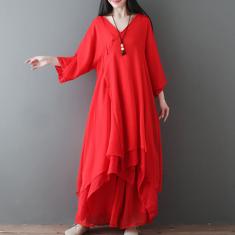 Karma Stone V-Neck Midi Tunic Dress Wide Leg Pants Meditation Zen Practice Dance Clothing