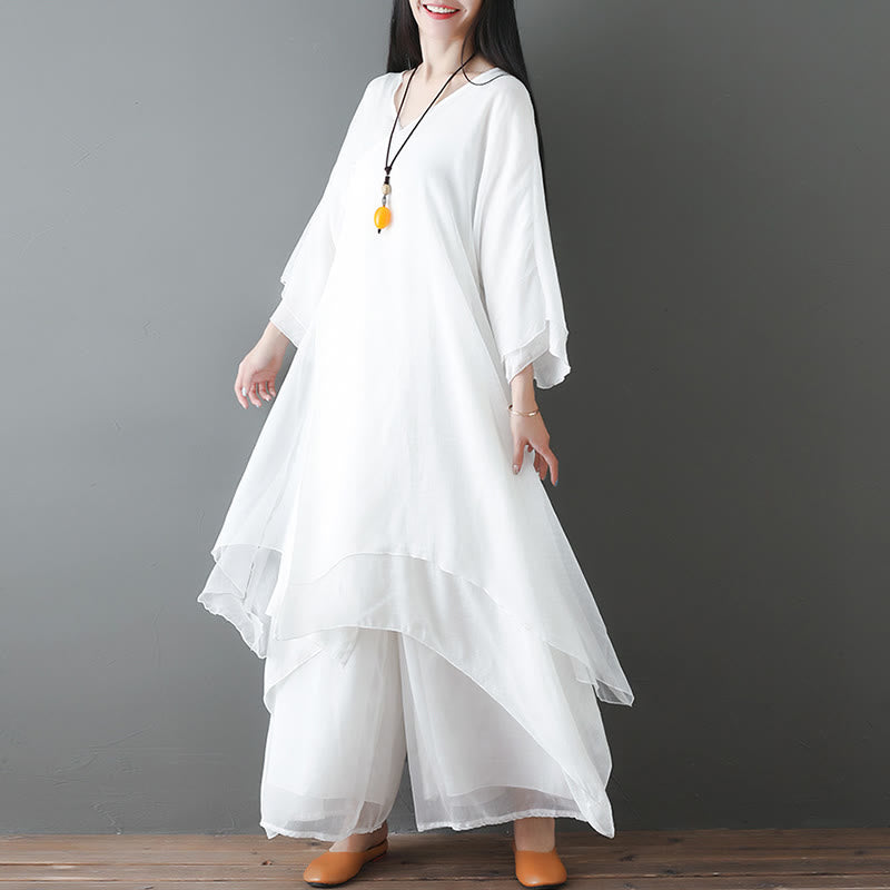 Karma Stone V-Neck Midi Tunic Dress Wide Leg Pants Meditation Zen Practice Dance Clothing