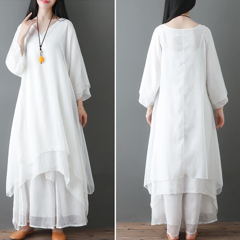Karma Stone V-Neck Midi Tunic Dress Wide Leg Pants Meditation Zen Practice Dance Clothing
