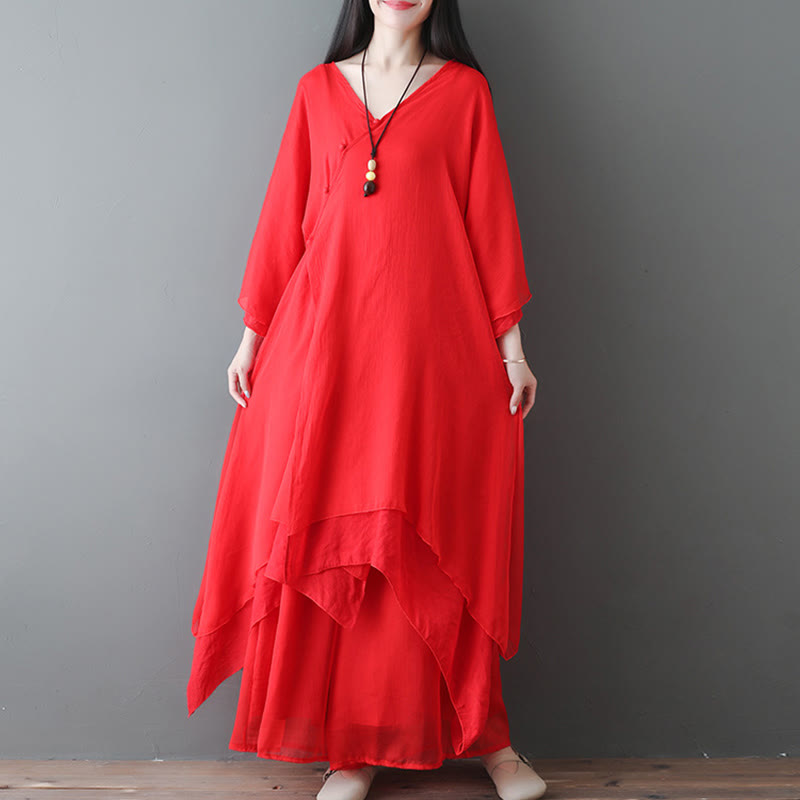 Karma Stone V-Neck Midi Tunic Dress Wide Leg Pants Meditation Zen Practice Dance Clothing