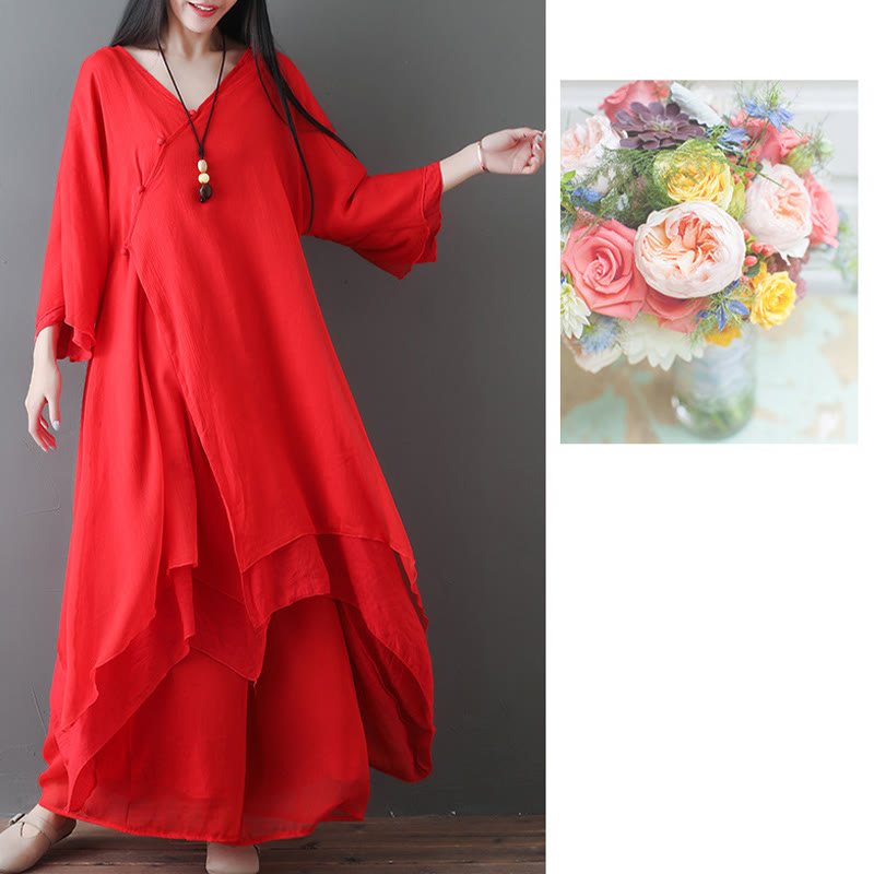 Karma Stone V-Neck Midi Tunic Dress Wide Leg Pants Meditation Zen Practice Dance Clothing
