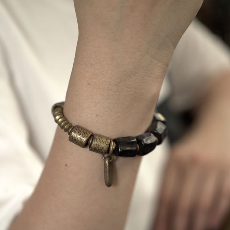 Karma Stone Vintage Peace Ebony Wood Copper Beads Wooden Jewelry Spiritual Bracelets