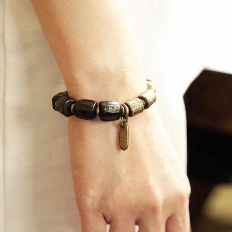 Karma Stone Vintage Peace Ebony Wood Copper Beads Wooden Jewelry Spiritual Bracelets