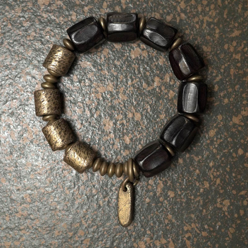 Karma Stone Vintage Peace Ebony Wood Copper Beads Bracelet