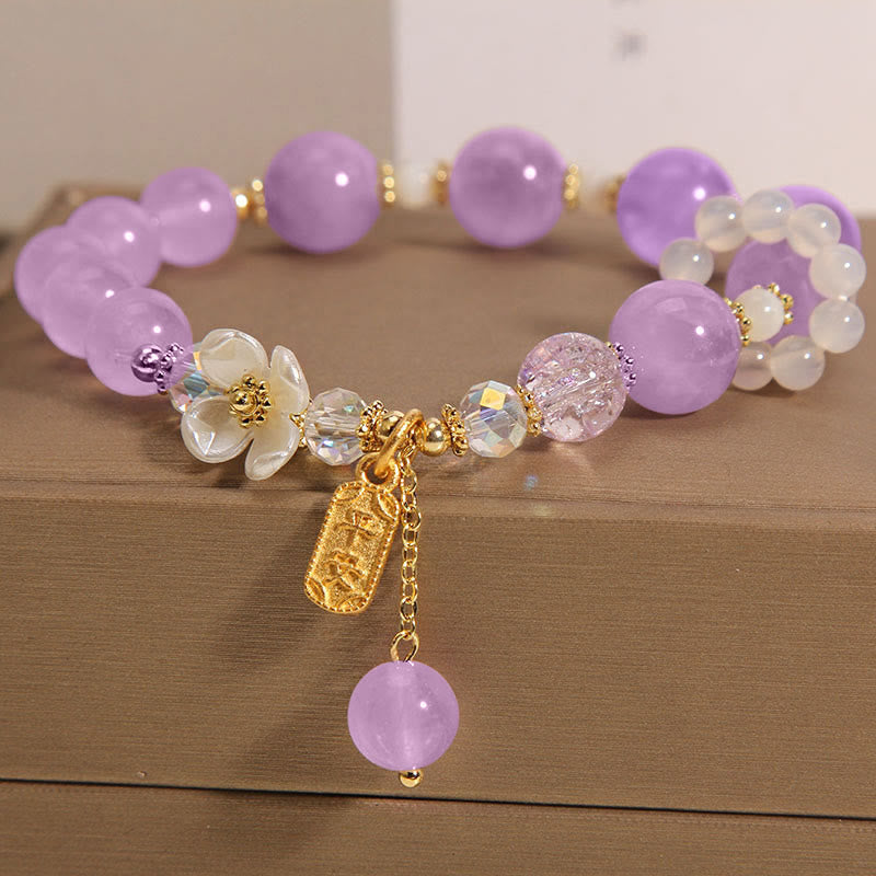 Karma Stone Natural Blue Crystal Amethyst Chalcedony Flower Healing Bracelet