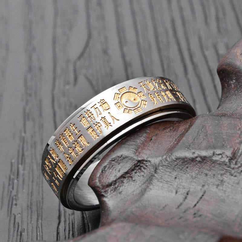 Karma Stone Bagua Yin Yang Chinese Characters Titanium Steel Balance Rotatable Ring