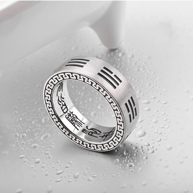 Karma Stone Bagua Yin Yang Taoist Nine-Character Mantra Titanium Steel Harmony Ring