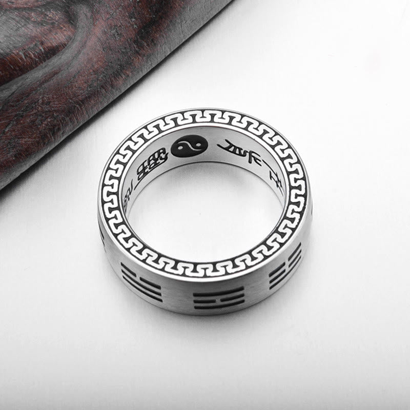Karma Stone Bagua Yin Yang Taoist Nine-Character Mantra Titanium Steel Harmony Ring