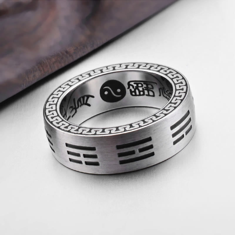 Karma Stone Bagua Yin Yang Taoist Nine-Character Mantra Titanium Steel Harmony Ring
