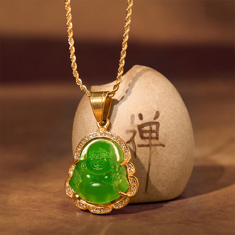 Karma Stone 18K Gold Filled Laughing Buddha Jade Luck Necklace Chain Pendant