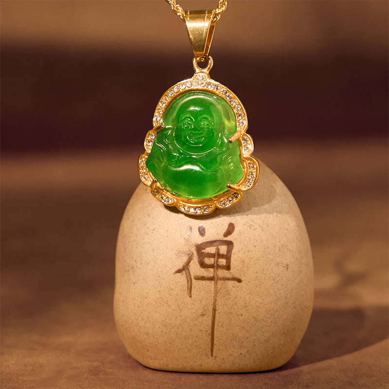 Karma Stone 18K Gold Filled Laughing Buddha Jade Luck Necklace Chain Pendant