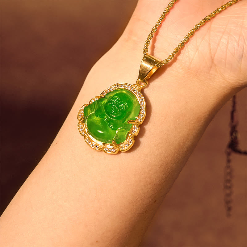 Karma Stone 18K Gold Filled Laughing Buddha Jade Luck Necklace Chain Pendant