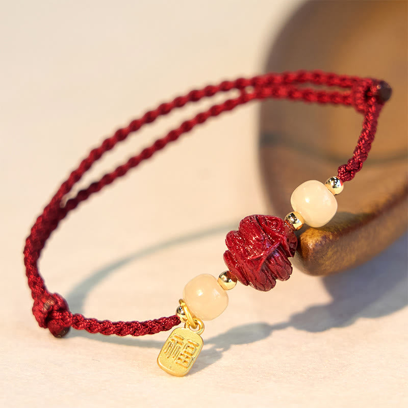 Karma Stone Natural Cinnabar Chinese Zodiac Hetian Jade Fu Character Luck Rope Bracelet
