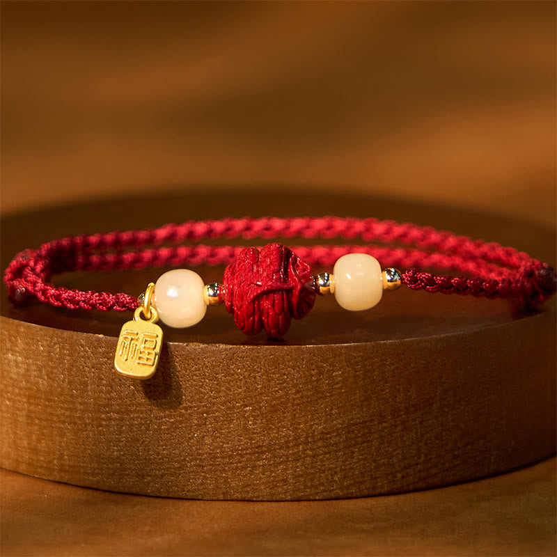Karma Stone Natural Cinnabar Chinese Zodiac Hetian Jade Fu Character Luck Rope Bracelet