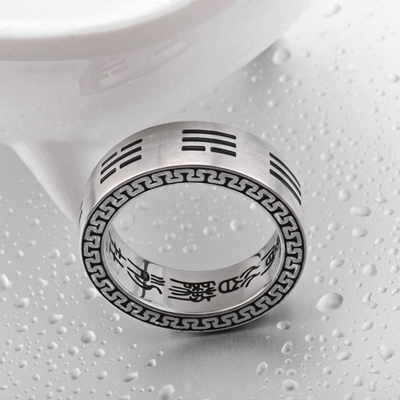 Karma Stone Bagua Yin Yang Taoist Nine-Character Mantra Titanium Steel Harmony Ring