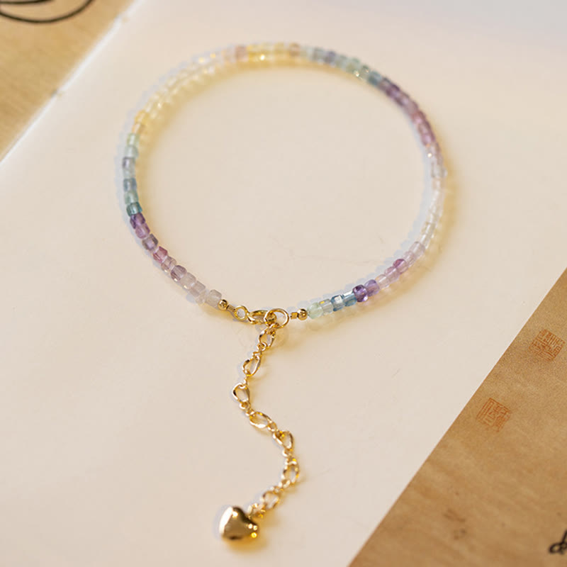 Karma Stone 2.5mm Fluorite Ultra-thin Beads 14k Gold Plated Copper Heart Power Bracelet