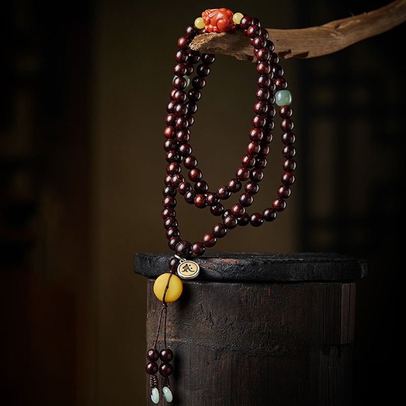 Karma Stone Chinese Zodiac Natal Buddha 108 Mala Beads Small Leaf Red Sandalwood Red Agate PiXiu Protection Bracelet