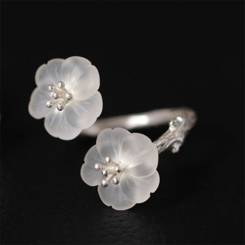 Karma Stone 925 Sterling Silver White Crystal Double Plum Blossom Flower Adjustable Protection Ring