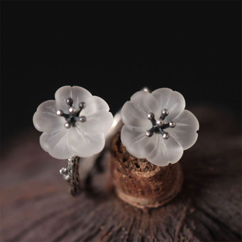Karma Stone 925 Sterling Silver White Crystal Double Plum Blossom Flower Adjustable Protection Ring