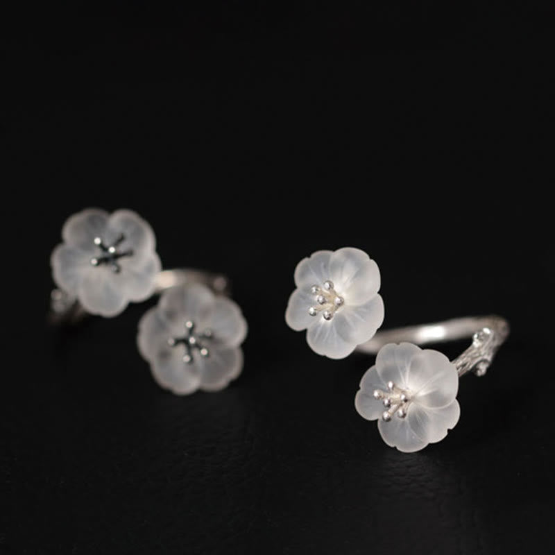 Karma Stone 925 Sterling Silver White Crystal Double Plum Blossom Flower Adjustable Protection Ring