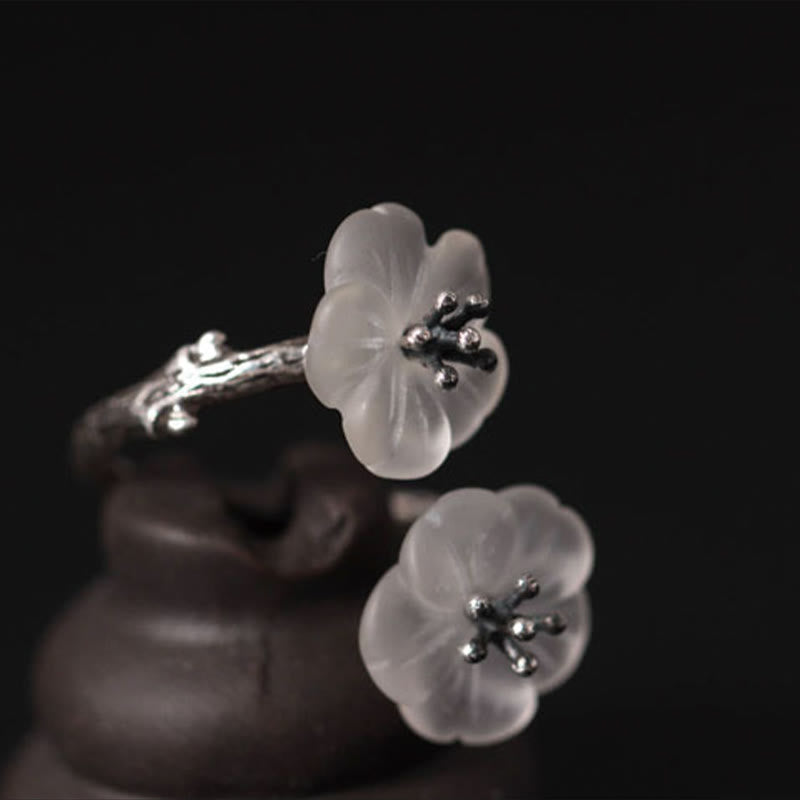 Karma Stone 925 Sterling Silver White Crystal Double Plum Blossom Flower Adjustable Protection Ring