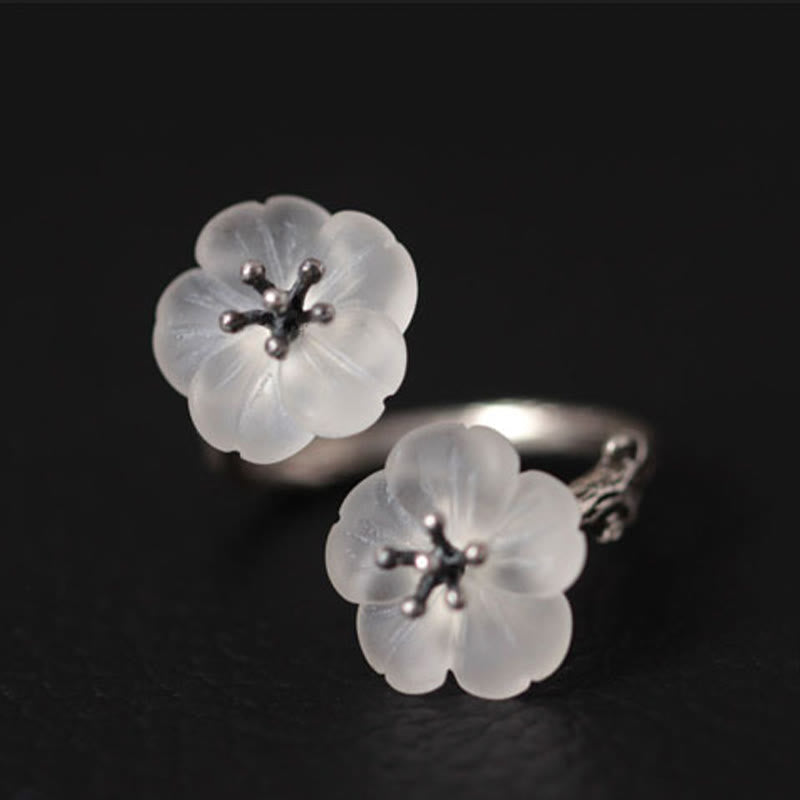 Karma Stone 925 Sterling Silver White Crystal Double Plum Blossom Flower Adjustable Protection Ring