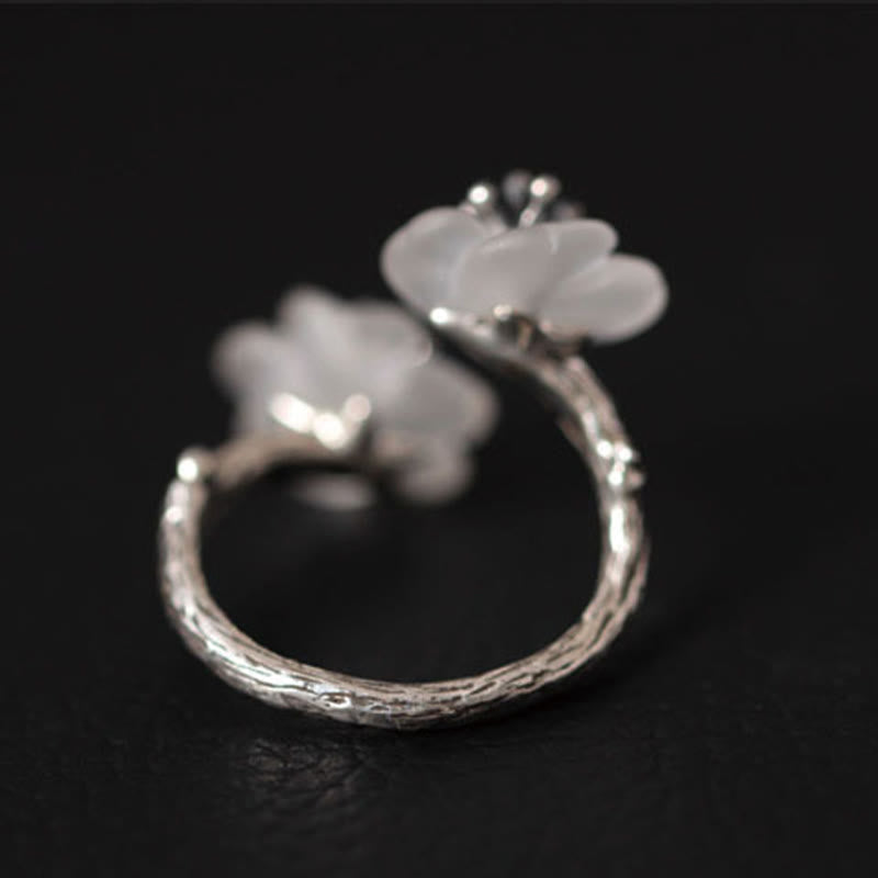 Karma Stone 925 Sterling Silver White Crystal Double Plum Blossom Flower Adjustable Protection Ring