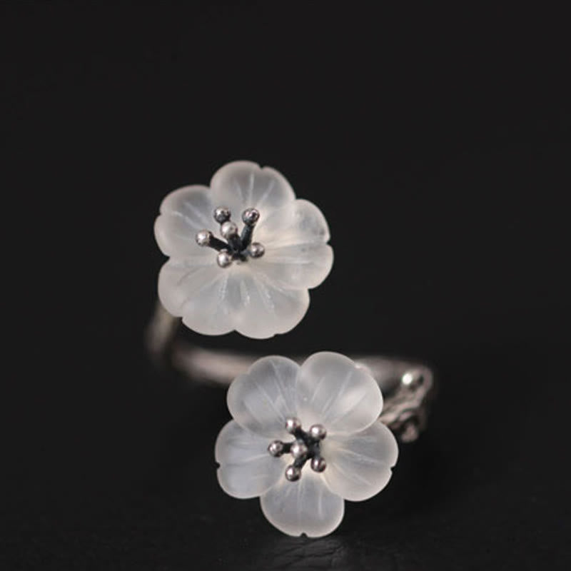 Karma Stone 925 Sterling Silver White Crystal Double Plum Blossom Flower Adjustable Protection Ring