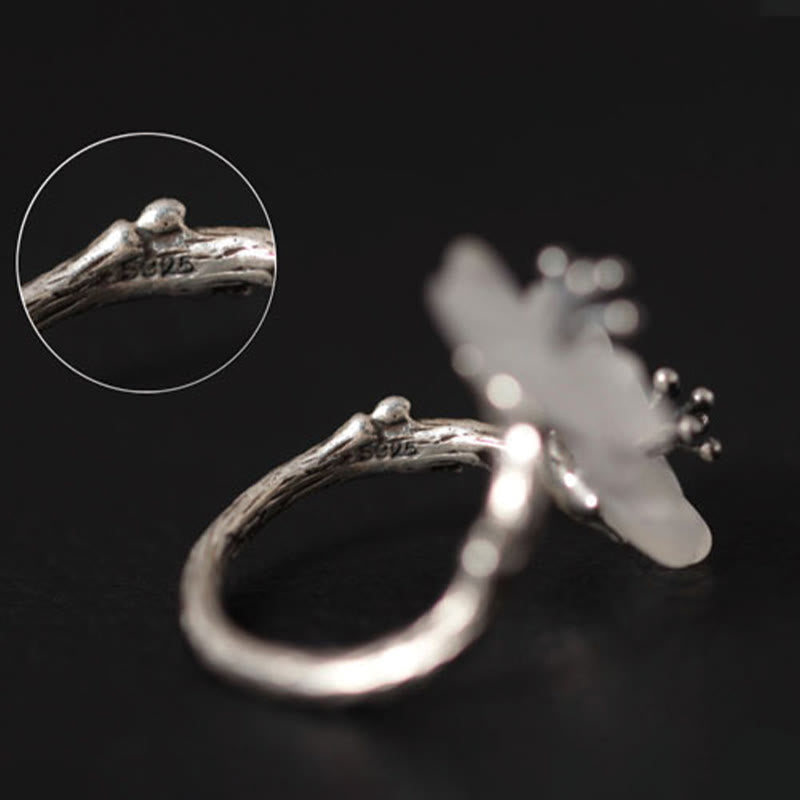 Karma Stone 925 Sterling Silver White Crystal Double Plum Blossom Flower Adjustable Protection Ring