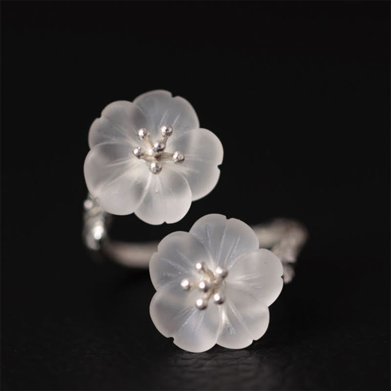 Karma Stone 925 Sterling Silver White Crystal Double Plum Blossom Flower Adjustable Protection Ring