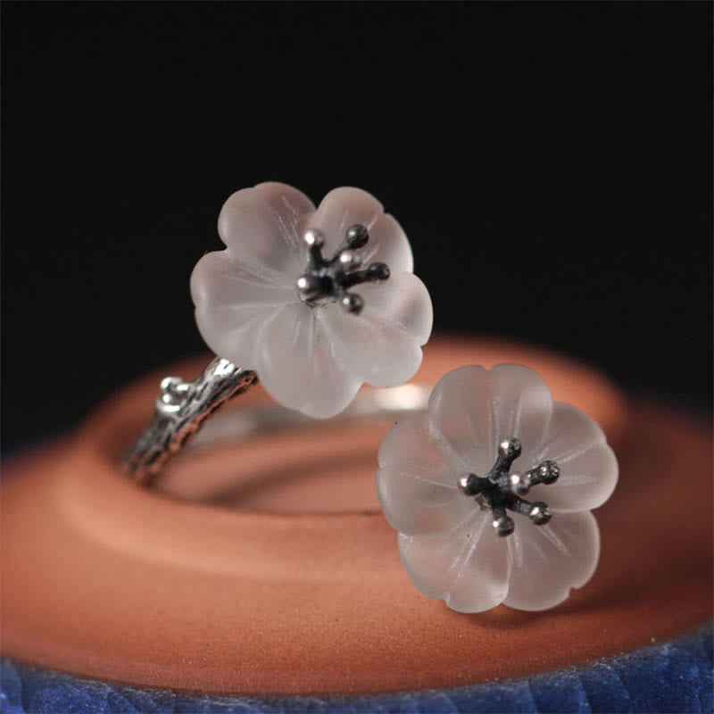 Karma Stone 925 Sterling Silver White Crystal Double Plum Blossom Flower Adjustable Protection Ring