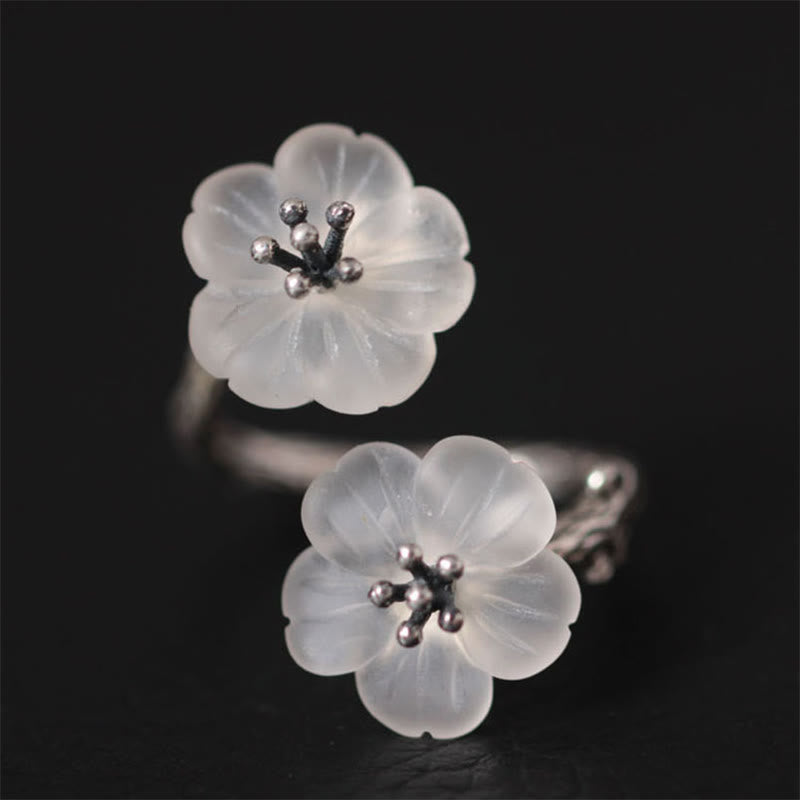 Karma Stone 925 Sterling Silver White Crystal Double Plum Blossom Flower Adjustable Protection Ring