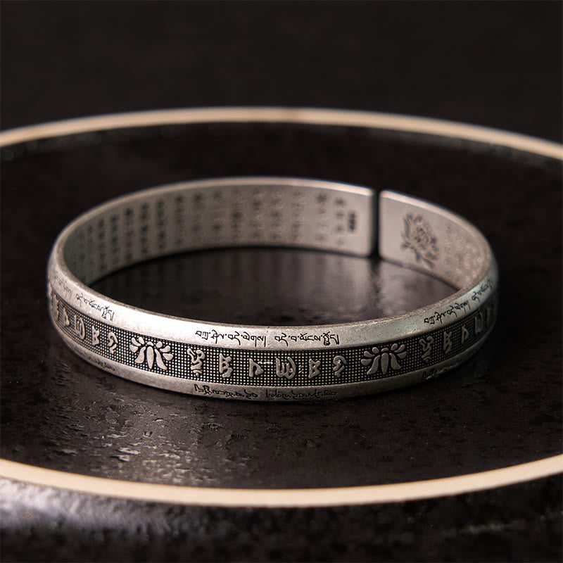 Karma Stone Om Mani Padme Hum Heart Sutra Mantra Lotus Peace Meditation Cuff Bracelet Bangle