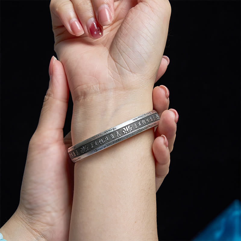 Karma Stone Om Mani Padme Hum Heart Sutra Mantra Lotus Peace Meditation Cuff Bracelet Bangle