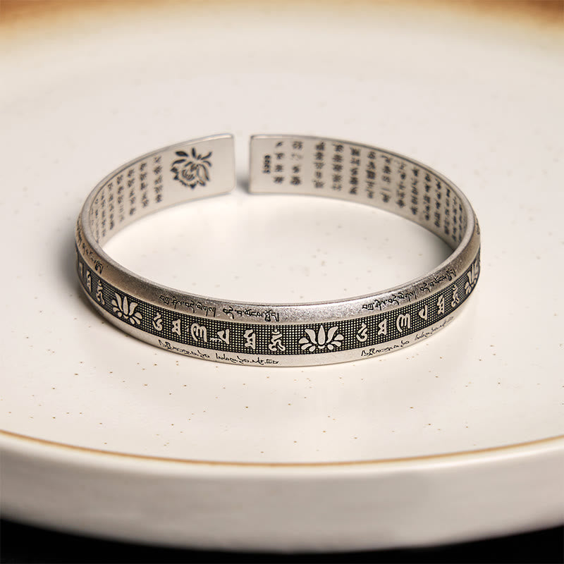 Karma Stone Om Mani Padme Hum Heart Sutra Mantra Lotus Peace Meditation Cuff Bracelet Bangle