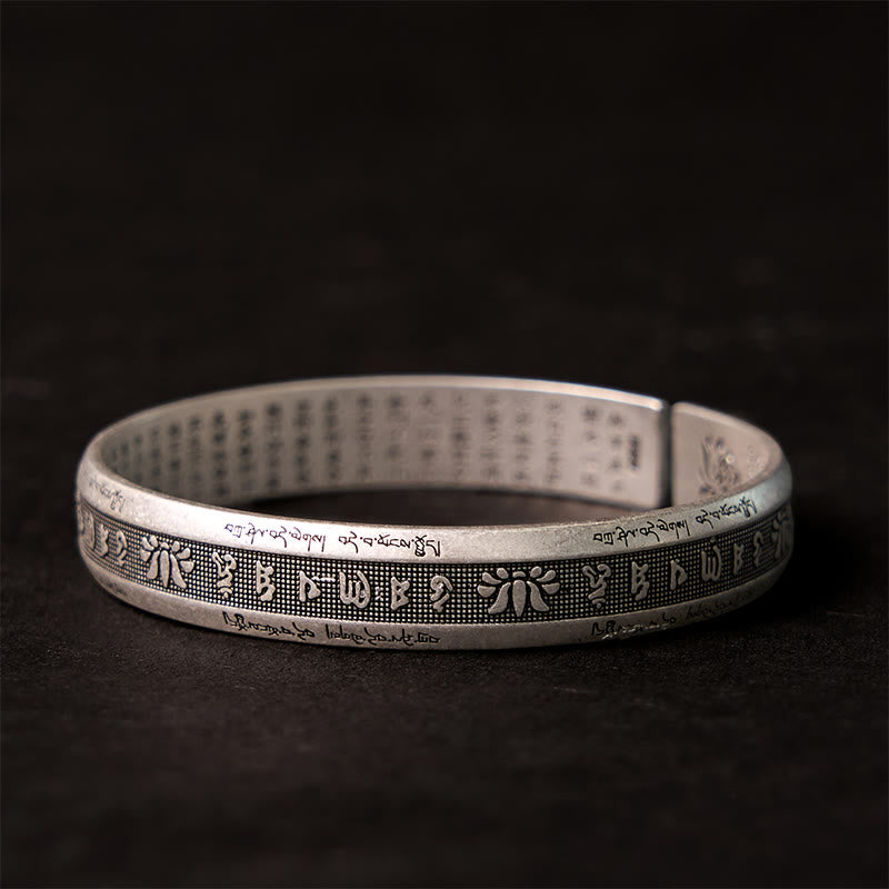 Karma Stone Om Mani Padme Hum Heart Sutra Mantra Lotus Peace Meditation Cuff Bracelet Bangle