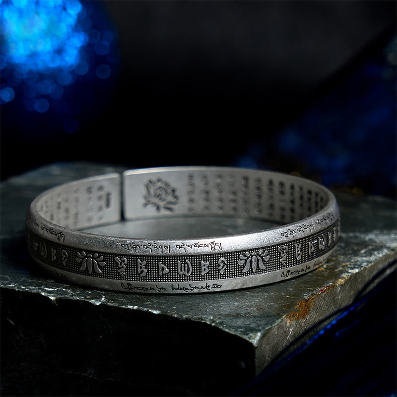 Karma Stone Om Mani Padme Hum Heart Sutra Mantra Lotus Peace Meditation Cuff Bracelet Bangle