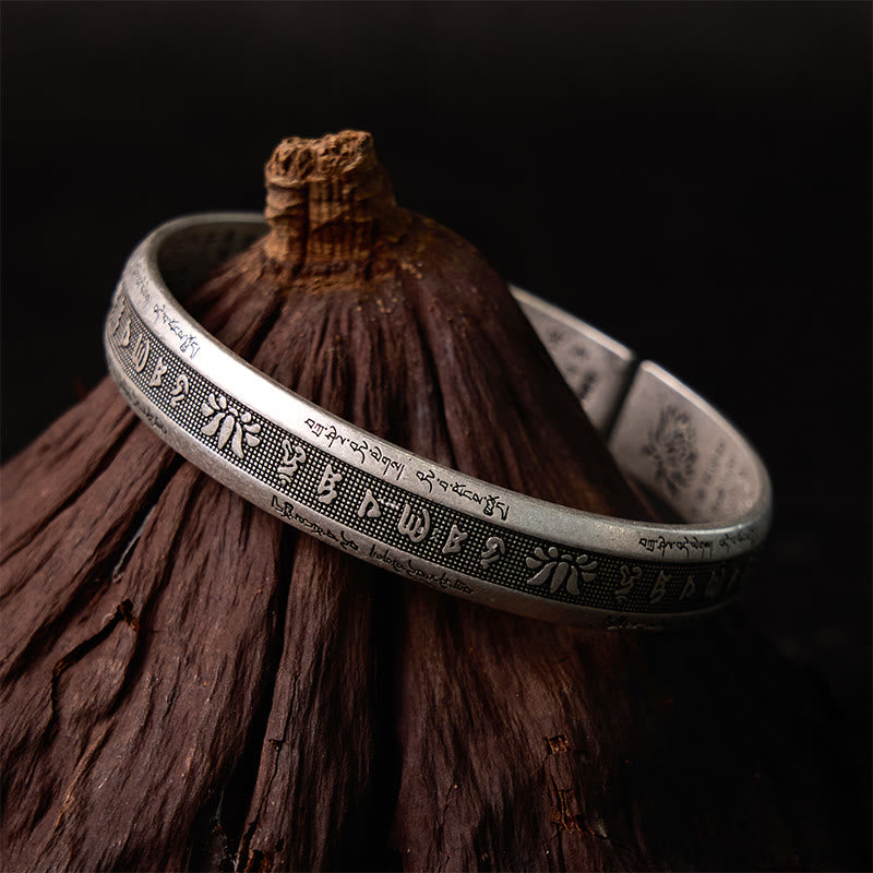 Karma Stone Om Mani Padme Hum Heart Sutra Mantra Lotus Peace Meditation Cuff Bracelet Bangle
